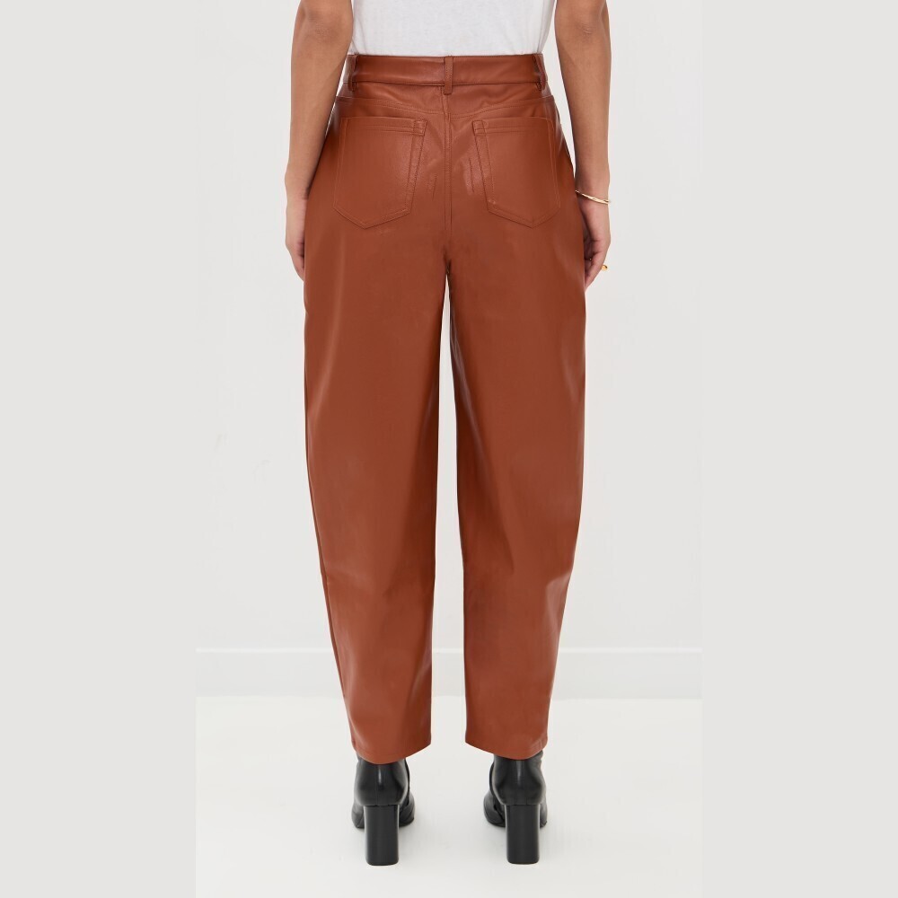 Brown Faux Leather Barrel-Leg Pants - Picture 3 of 6